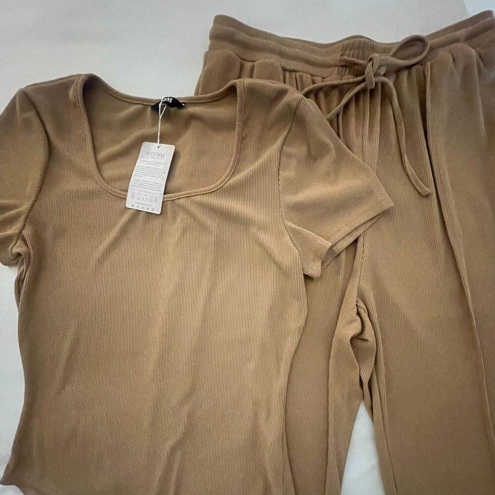 Ribbed Short Sleeve Top & Drawstring Pant Set - Camel